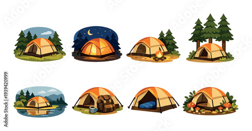 Camping tents arranged in diverse outdoor lake and forest scenes