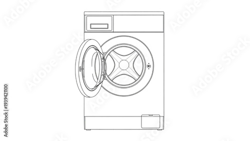 Front Load Washing Machine Line Art Technical Drawing, Household Laundry Appliance Illustration