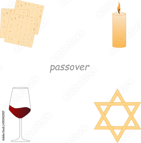 Photos Passover celebration with matzah bread, wine cup, candle, and star of david symb