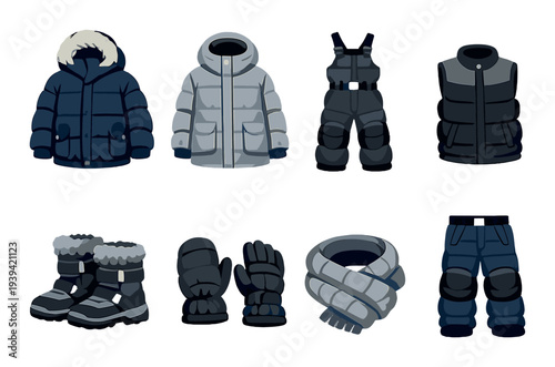 Assorted winter outerwear and accessories displayed on dark background