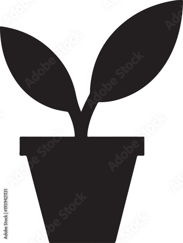A simple black silhouette depicts a young plant growing within a small dark colored flowerpot high quality professional detailed modern elegant