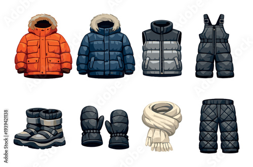 Colorful winter jackets and accessories arranged on dark background