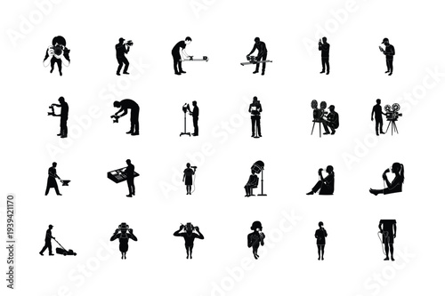 People Using Tools and Devices Black Silhouette Icons Collection Vector Set