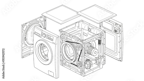 Washing Machine Cutaway Exploded Diagram, Laundry Appliance Internal Mechanism Illustration