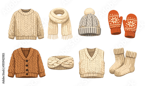Knit sweaters and accessories displayed on neutral gradient background