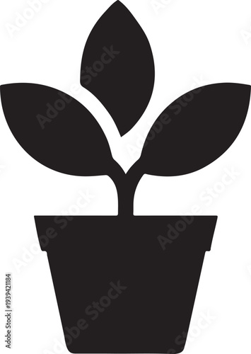 A simple black silhouette depicts a small plant growing within a rounded dark colored flowerpot high quality professional detailed modern elegant