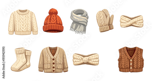 Knitted winter clothing arranged on a dark gradient background