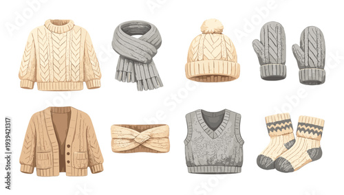 Assorted knitted winter clothing pieces displayed on neutral backdrop