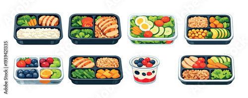Assorted meal prep containers and yogurt cup on gray background