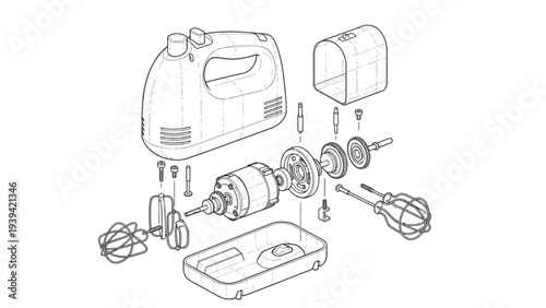 Electric Hand Mixer Exploded View Line Art, Kitchen Appliance Assembly Diagram