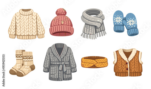 Mixed knitted winter apparel and accessories on dark backdrop