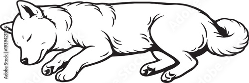 Shiba Inu Sleeping On Side Relaxed Pose Black and White Line Art Illustration