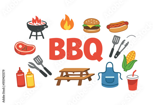 BBQ party illustration with food and grilling essentials
