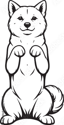Shiba Inu Sitting Beg Pose Front View Black and White Line Art Illustration