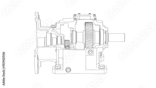 Helical Gear Drive Cutaway Line Art Diagram, Industrial Gearbox Internal Engineering Drawing