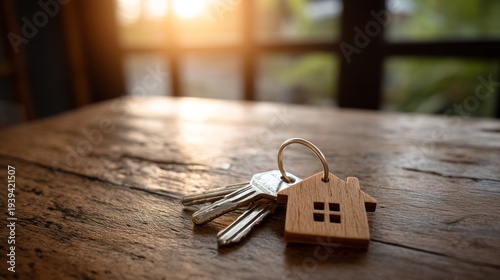 Wallpaper Mural House keys with a wooden house keychain on a wooden table Torontodigital.ca