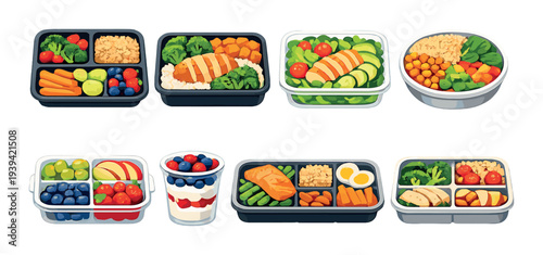 Selection of prepared lunch containers displayed on dark surface