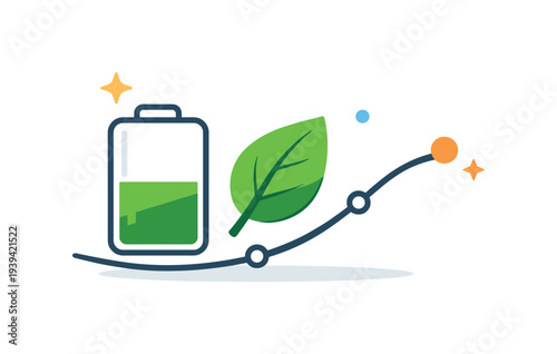 Green energy battery icon with growth chart and leaf symbol representing sustainability