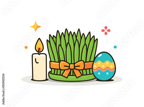 Nowruz celebration symbols: sabzeh, candle, and painted egg with festive decorations