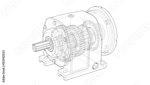 Helical Gear Drive Wireframe Model, Industrial Gearbox Engineering Structure Diagram