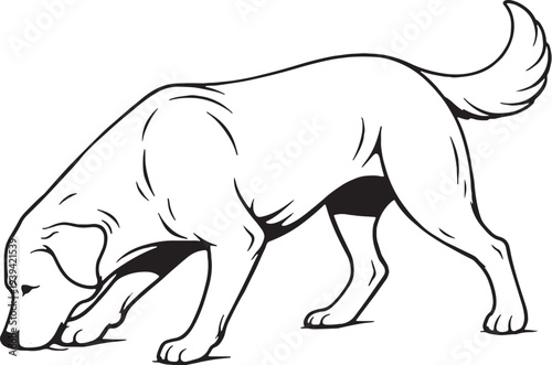 Dog Sniffing Tracking Nose Down Side View Black and White Line Art Illustration