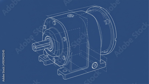 Helical Gear Drive Blueprint Engineering Diagram, Industrial Gearbox Technical Plan Drawing