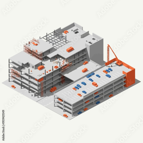 3D rendering of a large industrial building under construction with multiple levels and cranes.