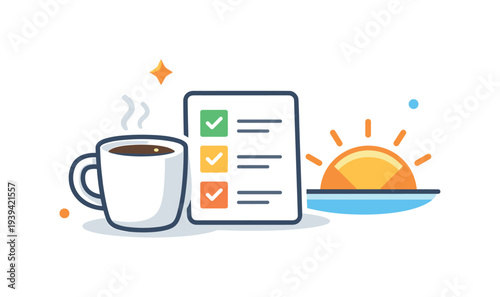 Morning routine checklist with coffee and sunrise, symbolizing productivity and a fresh start