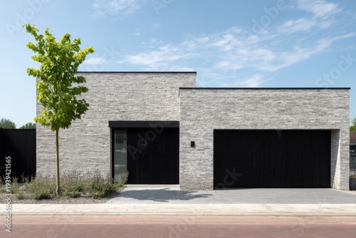 A contemporary house featuring sleek gray bricks and a stylish black garage stands out against the backdrop of a sunny day in a vibrant urban neighborhood