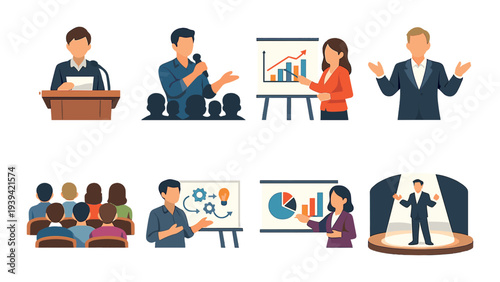 Business presenters pointing at charts for audience in seminar