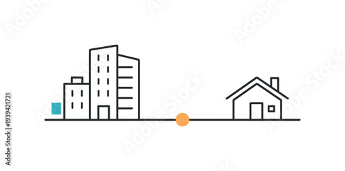 Simple line art illustration showing a transition from urban buildings to a suburban house