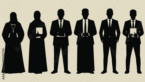 Set of 6 diverse business people silhouettes vector illustration, featuring men and women in traditional and modern professional attire, ideal for corporate and cultural representation.