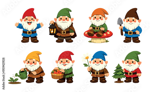 Garden gnomes performing activities with props on dark background