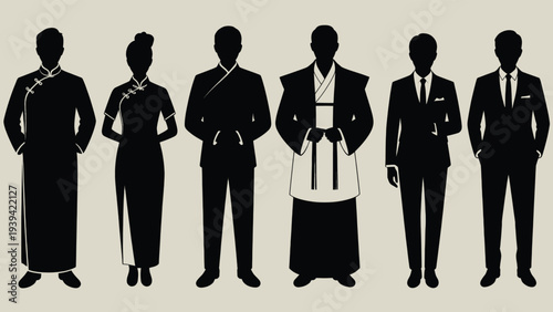 Set of 6 diverse Asian traditional and business attire male and female silhouette vector icons, featuring Cheongsam, Kimono, and suits for cultural representation and professional concepts.