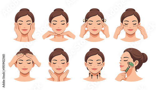 Woman performing facial massage steps demonstrating skincare routine