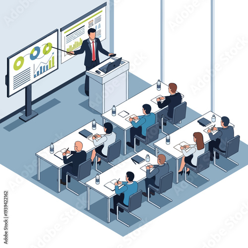 Business presentation in a conference room with attendees seated at tables.