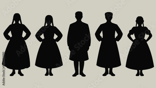 Set of 5 black vector silhouettes of people in traditional folk costumes, including men and women, ideal for cultural events and historical design projects