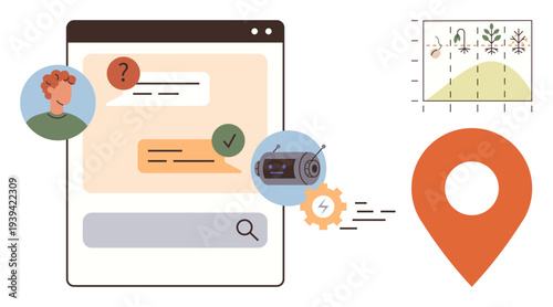 Artificial intelligence, location services, agriculture, communication, navigation, technology. A chat interface, location pin AI robot and crop chart. Artificial intelligence and location services