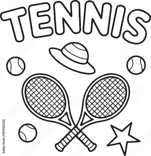 Tennis sport illustration — black and white line drawing with bold text, crossed rackets, balls, star, and sunhat for outdoor play