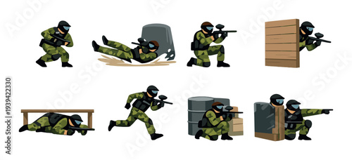 Green camouflage soldiers in tactical poses on dark background