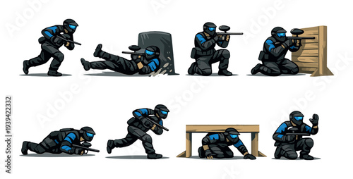 Team in protective gear performing tactical moves on dark background