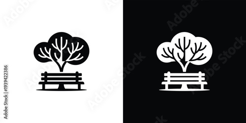 Black and white tree and bench silhouettes on split background