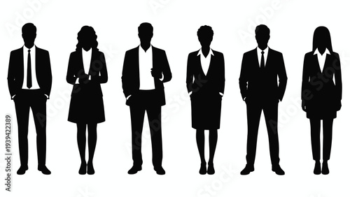 Set of 6 diverse business people silhouettes vector illustration, featuring men and women in professional attire, ideal for corporate, HR, and team-related design projects.