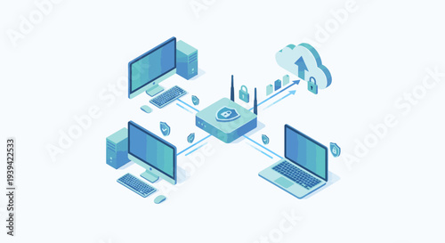 Computer network connection to cloud storage and data security concept isometric illustration