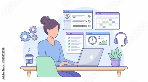 Woman working on laptop with productivity dashboard and calendar interface illustration