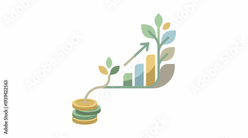 Financial Growth and Investment Illustrative Vector Graphic of a Rising Bar Chart with Plant and Coins