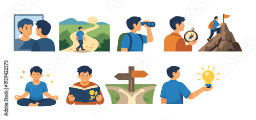 Man exploring personal growth icons on dark gradient background