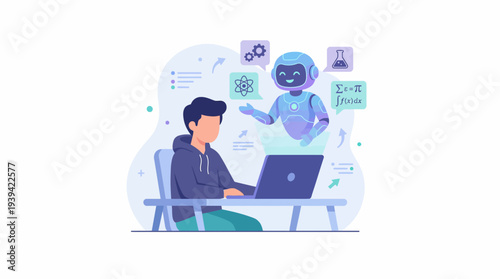 Young professional collaborating with AI, leveraging technology for education and innovative problem-solving