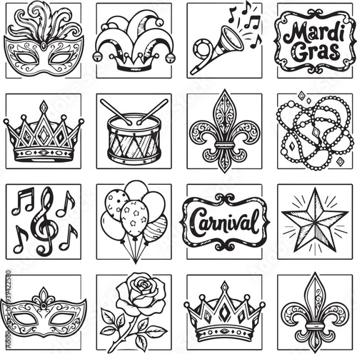 Mardi Gras carnival icon set — black and white 16‑grid featuring masks, jester hats, crowns, drums, trumpets, beads, balloons, fleur‑de‑lis