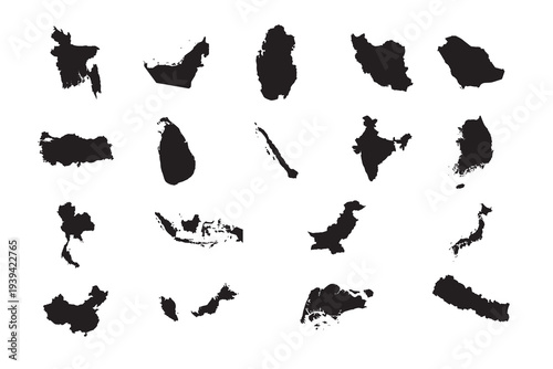 Asian countries map silhouette vector set - 18 country maps flat isolated icons.